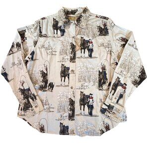 Bit & Bridle Western Cowboy Horse Scene Button Up Cotton Shirt Ladies Large